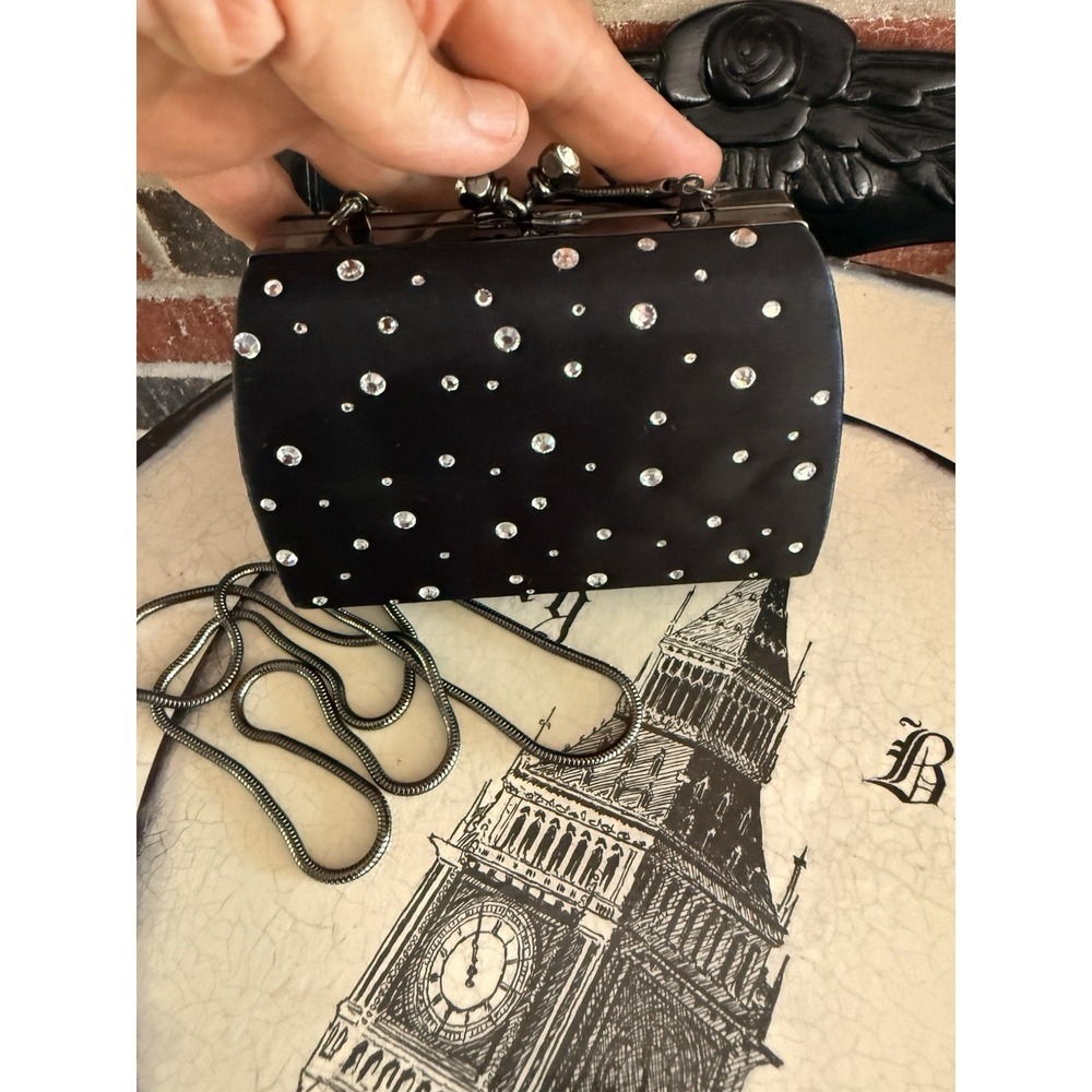 Vintage Small Black Valerie Stevens Beaded Evening Bag Mirror & Shoulder Strap